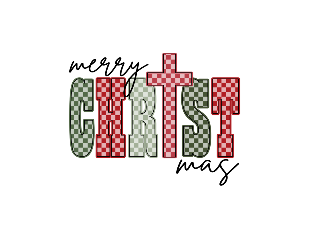 Stylized Merry Christmas graphic on a unisex crewneck sweatshirt, featuring CHRIST in a red-green checkerboard pattern, designed for comfort and durability.