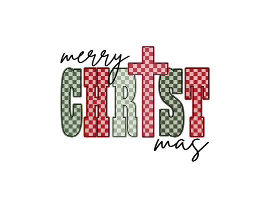 Stylized Merry Christmas graphic on a unisex crewneck sweatshirt, featuring CHRIST in a red-green checkerboard pattern, designed for comfort and durability.
