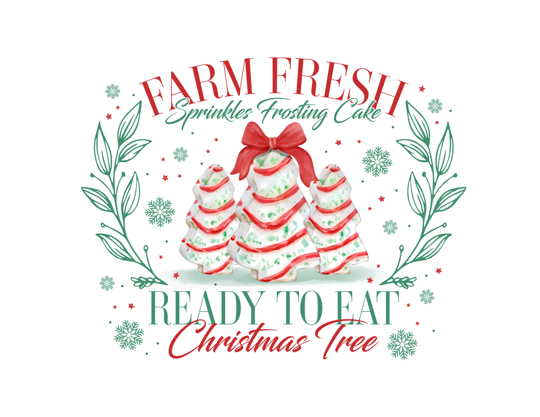 Christmas-themed graphic with three frosted tree cakes, highlighting Farm Fresh Sprinkles Frosting Cake on a festive tee from Faith Family Designs.