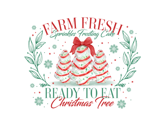 Christmas-themed graphic with three frosted tree cakes, highlighting Farm Fresh Sprinkles Frosting Cake on a festive tee from Faith Family Designs.
