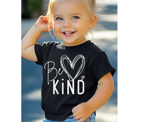 Toddler in Be Kind Baby Tee, smiling outdoors. The black T-shirt features a hand-drawn heart graphic, paired with blue jeans, capturing a cheerful, stylish moment.