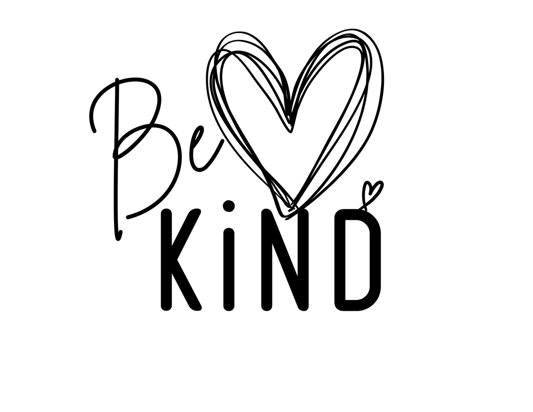 Be Kind Tee with 'Be' in script, scribbled heart, and 'KIND' in block letters, perfect for casual comfort.