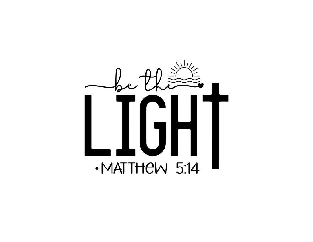 Black text with a sun, waves, and clouds on a white background. Be the Light Tee: 100% ring-spun cotton, medium weight, relaxed fit, durable double-needle stitching, no side-seams.