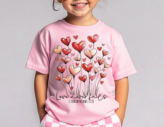 Child wearing Love Never Fails pink tee with heart-shaped flowers, designed for comfort and agility, made of soft-washed, garment-dyed cotton.