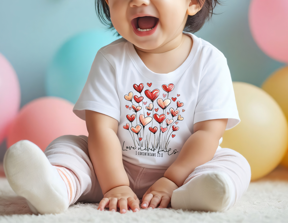 Young child wearing the Love Never Fails Baby Tee with heart-shaped flower design and Bible verse, sitting on a soft surface, surrounded by pastel balloons.