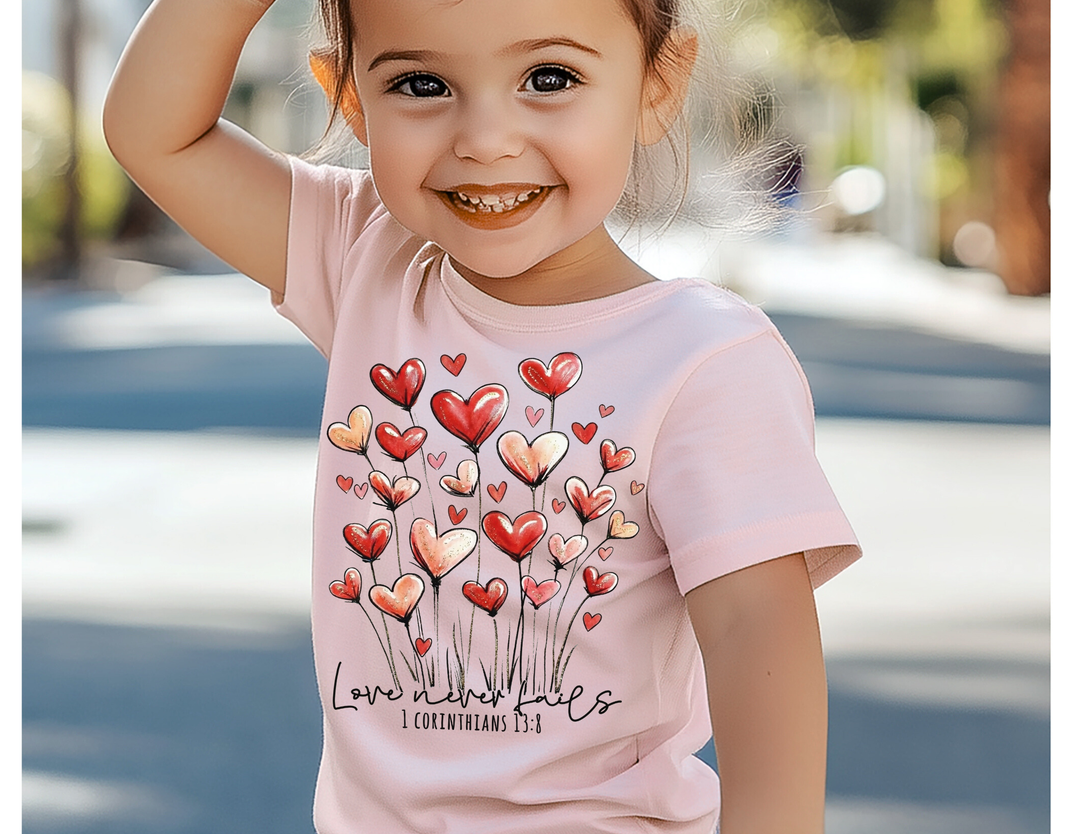 Young girl outdoors wearing the Love Never Fails Toddler Tee featuring heart-shaped bouquet design and 1 Corinthians 13:8 text, embodying softness and durability for toddlers.