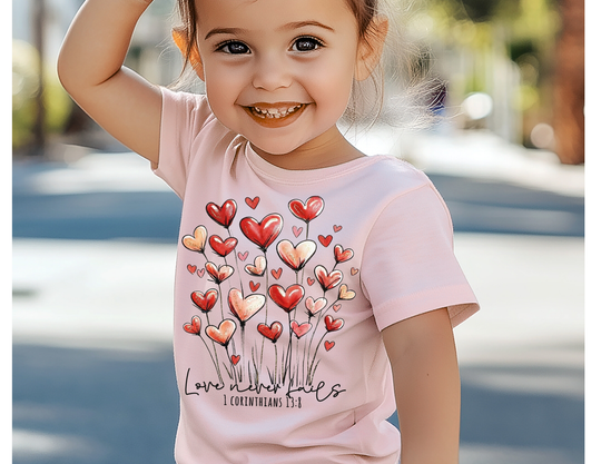 Young girl outdoors wearing the Love Never Fails Toddler Tee featuring heart-shaped bouquet design and 1 Corinthians 13:8 text, embodying softness and durability for toddlers.