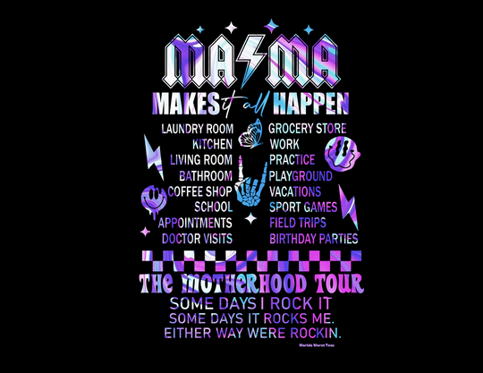 A Ma/Ma Band Hoodie featuring text and symbols on a purple and blue background. Unisex heavy blend, cotton-polyester fabric, kangaroo pocket, and matching drawstring. Ideal for cold days. Classic fit, tear-away label, true to size.