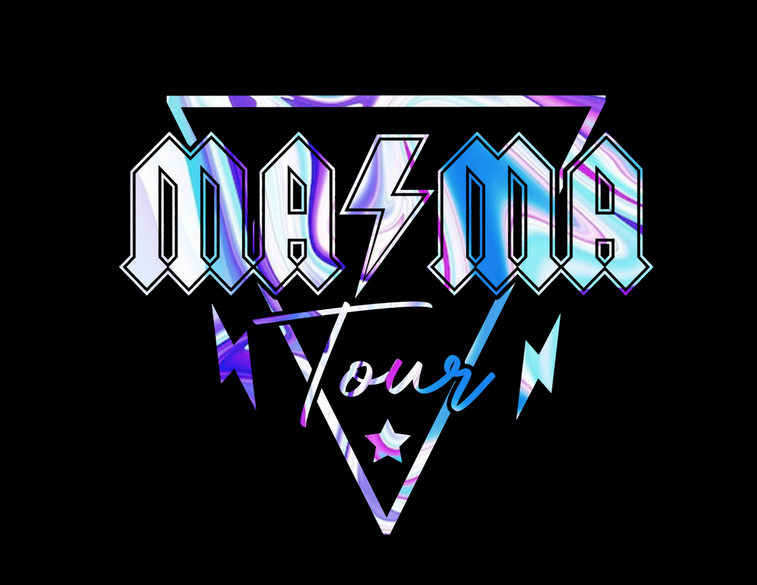 Unisex Ma/Ma Band Crew sweatshirt: Logo designs on black background, colorful swirly letter, lightning bolts, and more. 50% cotton, 50% polyester, ribbed knit collar, loose fit, medium-heavy fabric. Ideal comfort for all.