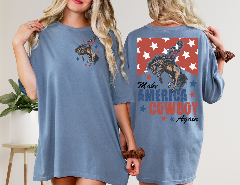 Woman wearing Make America Cowboy Again T-shirt dress with cowboy graphic and stars, showcasing a casual, unique design by Faith Family Designs.