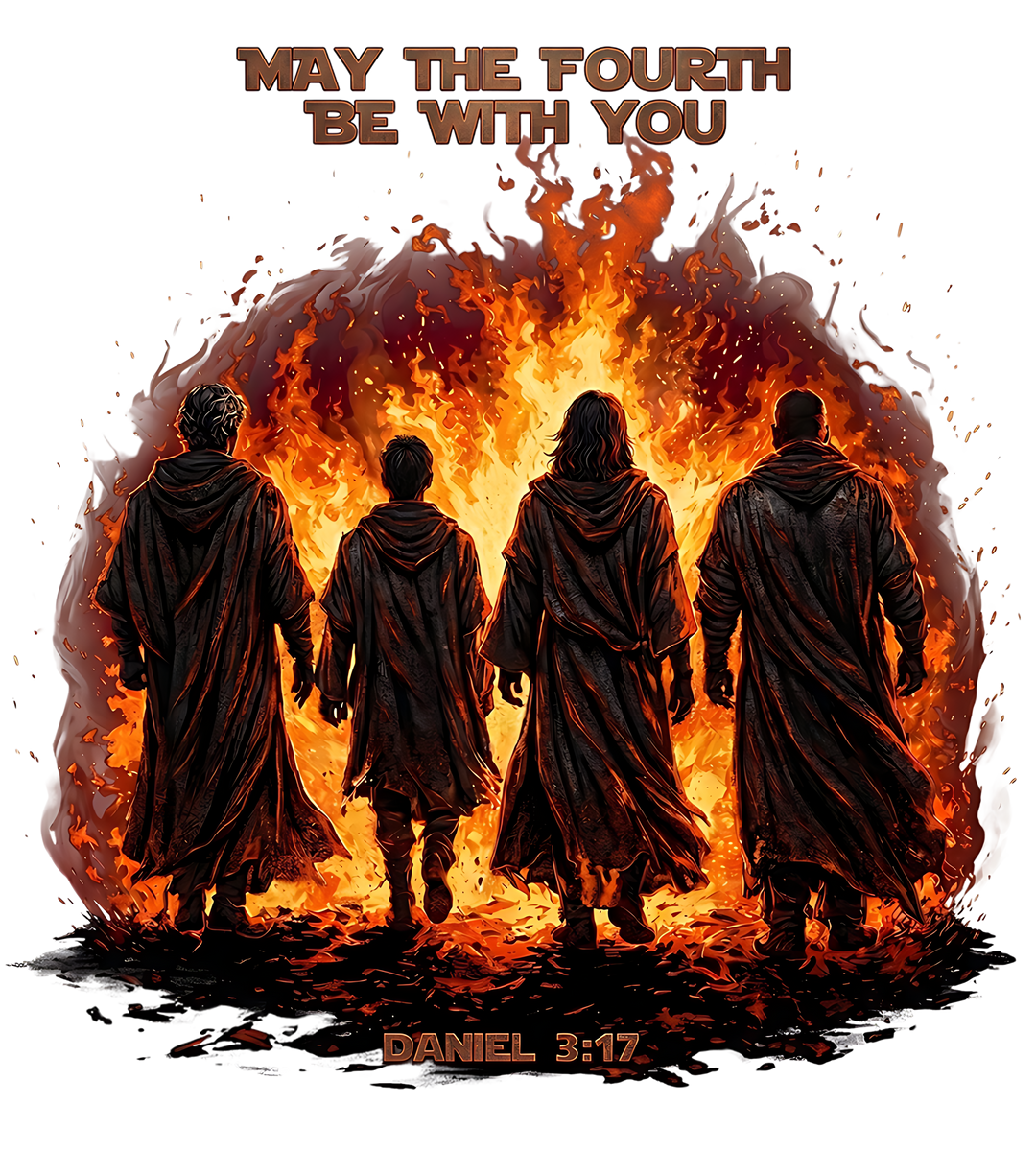“May the 4th be with You Tee” features three Hebrew men and a divine figure before a fiery furnace, merging Star Wars and biblical themes.