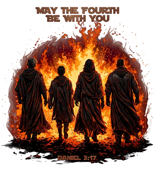“May the 4th be with You Tee” features three Hebrew men and a divine figure before a fiery furnace, merging Star Wars and biblical themes.