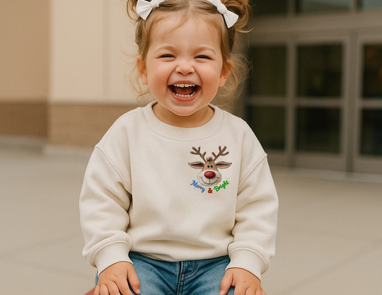 Toddler in Merry and Bright sweatshirt with reindeer design, laughing joyfully. The sweatshirt features cover-stitched details, ensuring comfort and durability.