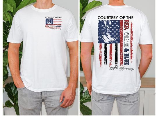 Male model wearing the Courtesy of the USA Tee, featuring a distressed American flag and cowboy boot graphic, celebrating the 250th Anniversary on both front and back.
