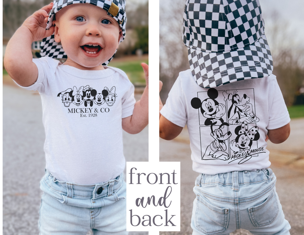 Mickey and CO Onesie, featuring a soft, 100% ring-spun cotton fabric with lap shoulders for easy adjustments. Suitable for infants, emphasizing comfort and fit.