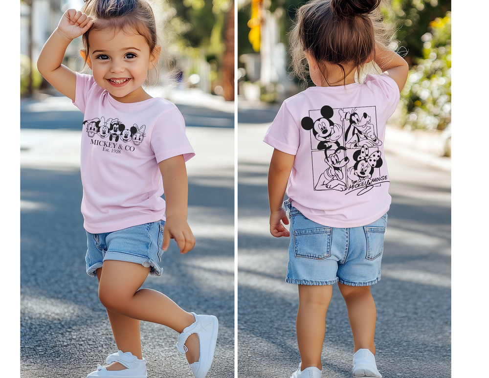 Mickey & CO Toddler Tee: A soft, durable short sleeve t-shirt for toddlers, made from 100% Airlume cotton with a tear-away label for extra comfort.