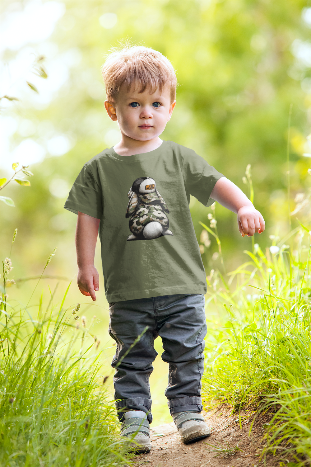 Child wearing Egg Hunter Kids Tee, standing in tall grass, featuring a cartoon rabbit design. Ideal for toddlers, soft cotton fabric, perfect for outdoor adventures.