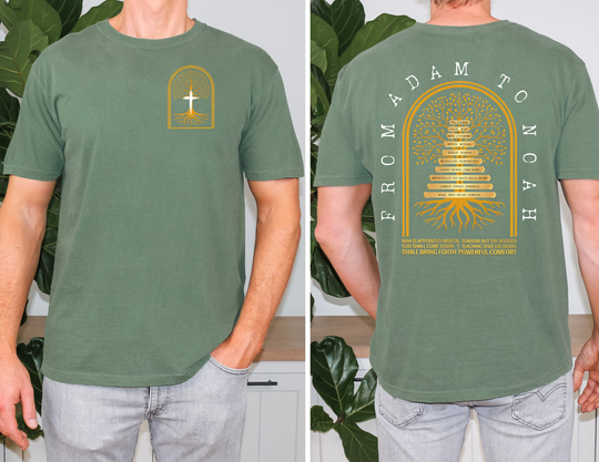 Adam to Noah Tree Tee featuring a gold tree with a cross on the chest and detailed biblical names and verse on the back in an arch design.