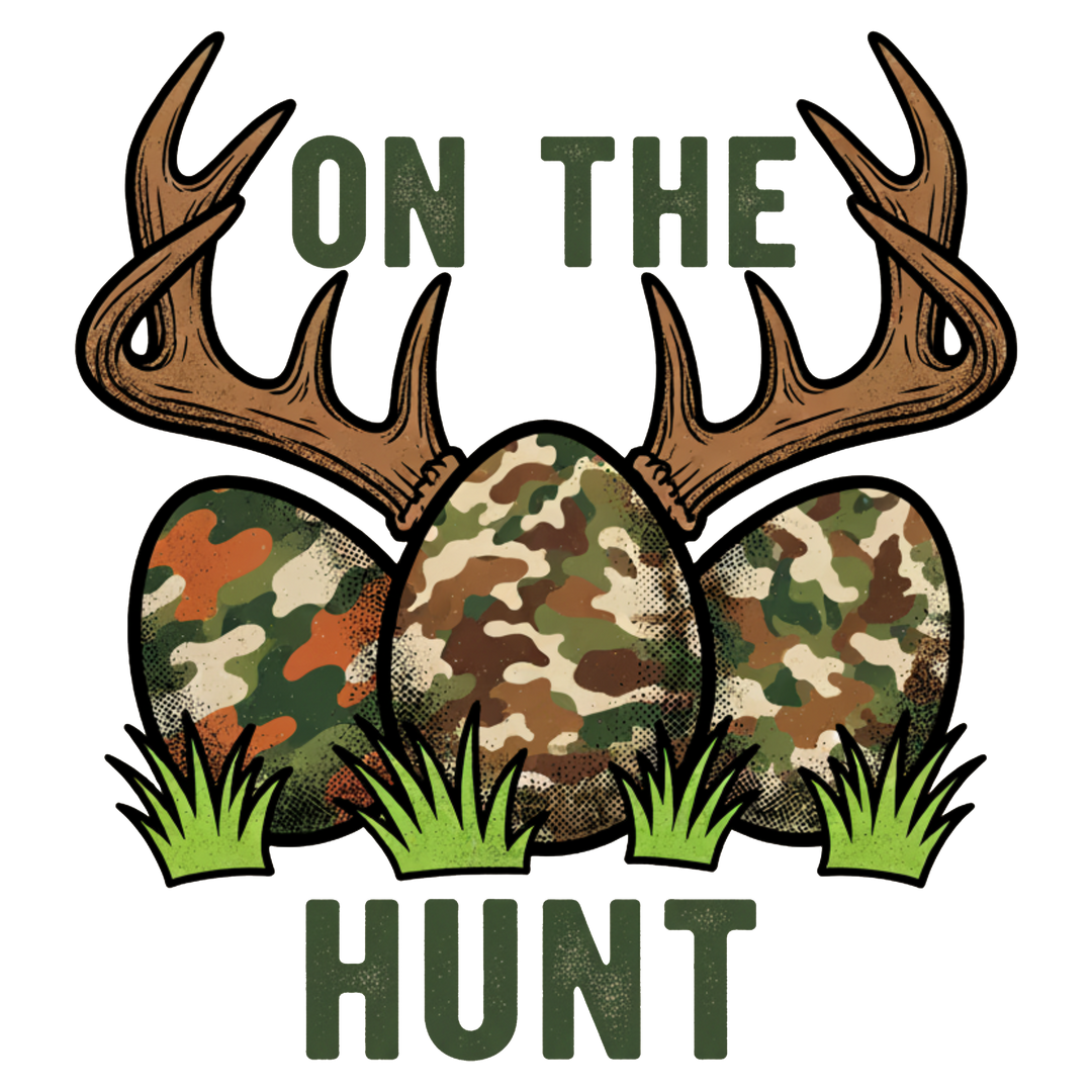 On the Hunt Kids Tee featuring camouflage eggs and antler design, blending Easter fun with hunting humor, perfect for everyday wear.