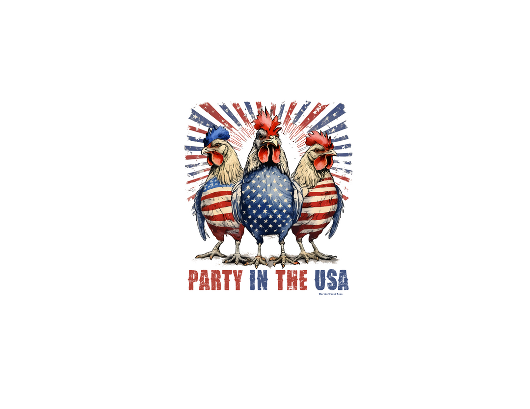 A Party In the USA Tee featuring a group of chickens and an eagle with flags, emblematic of American pride. Unisex jersey tee with ribbed knit collars, 100% cotton, retail fit, tear away label, and true-to-size fit.