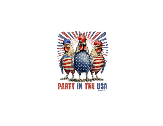 A Party In the USA Tee featuring a group of chickens and an eagle with flags, emblematic of American pride. Unisex jersey tee with ribbed knit collars, 100% cotton, retail fit, tear away label, and true-to-size fit.