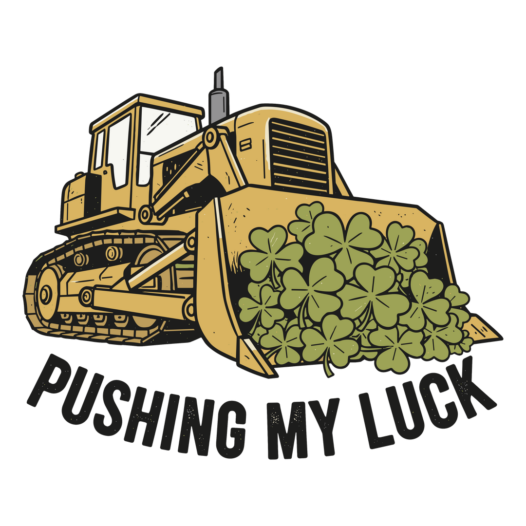 Pushing My Luck Kids Tee features a yellow bulldozer lifting green shamrock clovers, symbolizing fun and luck. Ideal for everyday wear with durable, soft cotton.