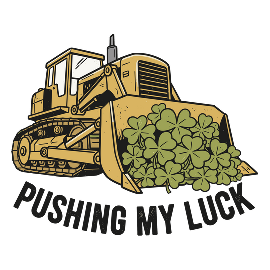 Pushing My Luck Kids Tee features a yellow bulldozer lifting green shamrock clovers, symbolizing fun and luck. Ideal for everyday wear with durable, soft cotton.