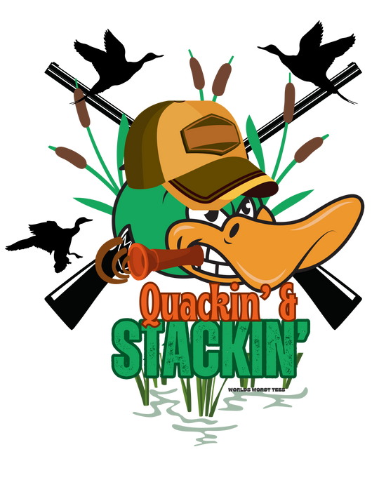 Alt text: Cartoon duck with a hat and pipe on a Quackin' and Stackin' Tee, embodying comfort and style. Unisex sweatshirt made of 80% ring-spun cotton and 20% polyester, featuring a relaxed fit and rolled-forward shoulder.