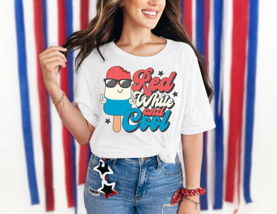 Red White and Cool Tee, a soft cotton unisex t-shirt with ribbed knit collar, tapered shoulders, and dual side seams for lasting shape and comfort.