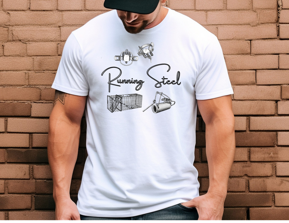 A man in a white Running Steel Tee, featuring a premium fit and light fabric. Product details: 100% combed, ring-spun cotton, tear-away label, ideal for workouts or daily wear. Dimensions: Width from 17.48 to 30.00 in, Length from 27.01 to 34.02 in, Sleeve length from 7.09 to 9.84 in.