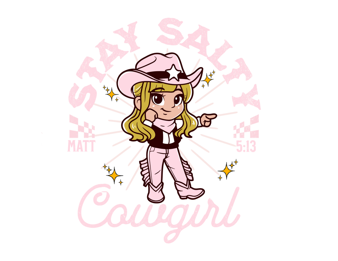 Cartoon girl in cowboy hat featured on Salty Cowgirl Onesie, showcasing playful graphic design, perfect for infants with soft ring-spun cotton comfort.