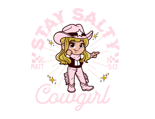 Cartoon girl in cowboy hat featured on Salty Cowgirl Onesie, showcasing playful graphic design, perfect for infants with soft ring-spun cotton comfort.