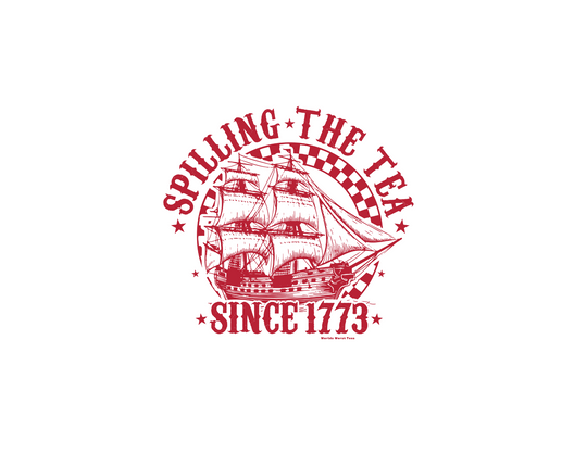 A red and white logo featuring a sailboat, embodying the Spilling the Tea Since 1773 Tee from Worlds Worst Tees. Unisex jersey tee with ribbed knit collars, 100% Airlume combed cotton, and tear-away label.