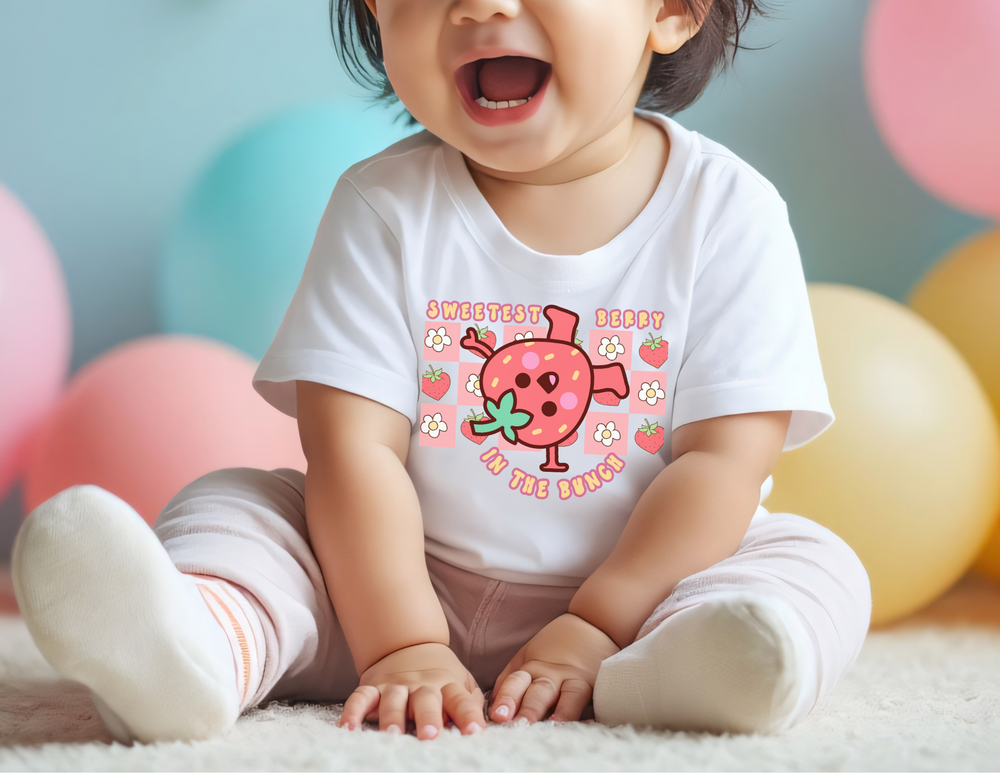 Sweetest Berry in the Bunch Baby Tee featuring a classic fit with side seams and ribbed knitting for durability, perfect for infants and toddlers.