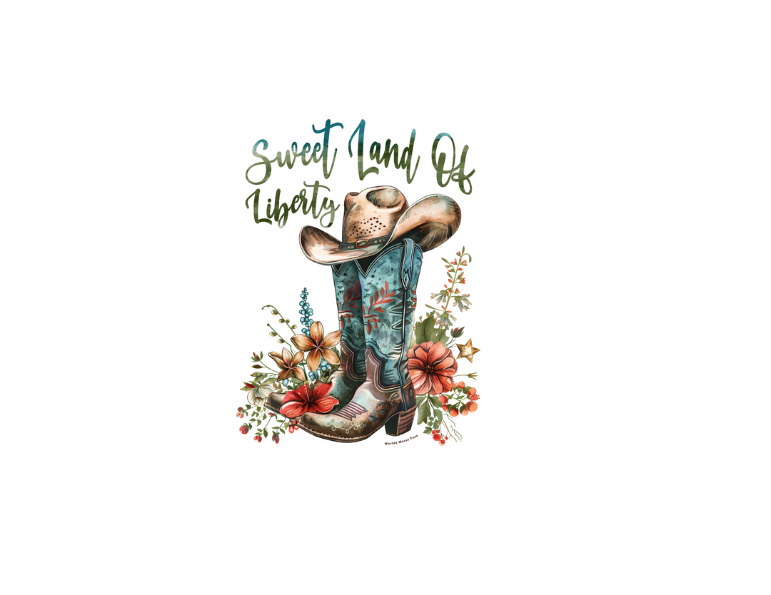 A classic Sweet Land of Liberty Tee with cowboy boots and hat illustration. Unisex jersey tee made of 100% Airlume combed cotton, featuring ribbed knit collars and taping on shoulders for a comfortable fit.