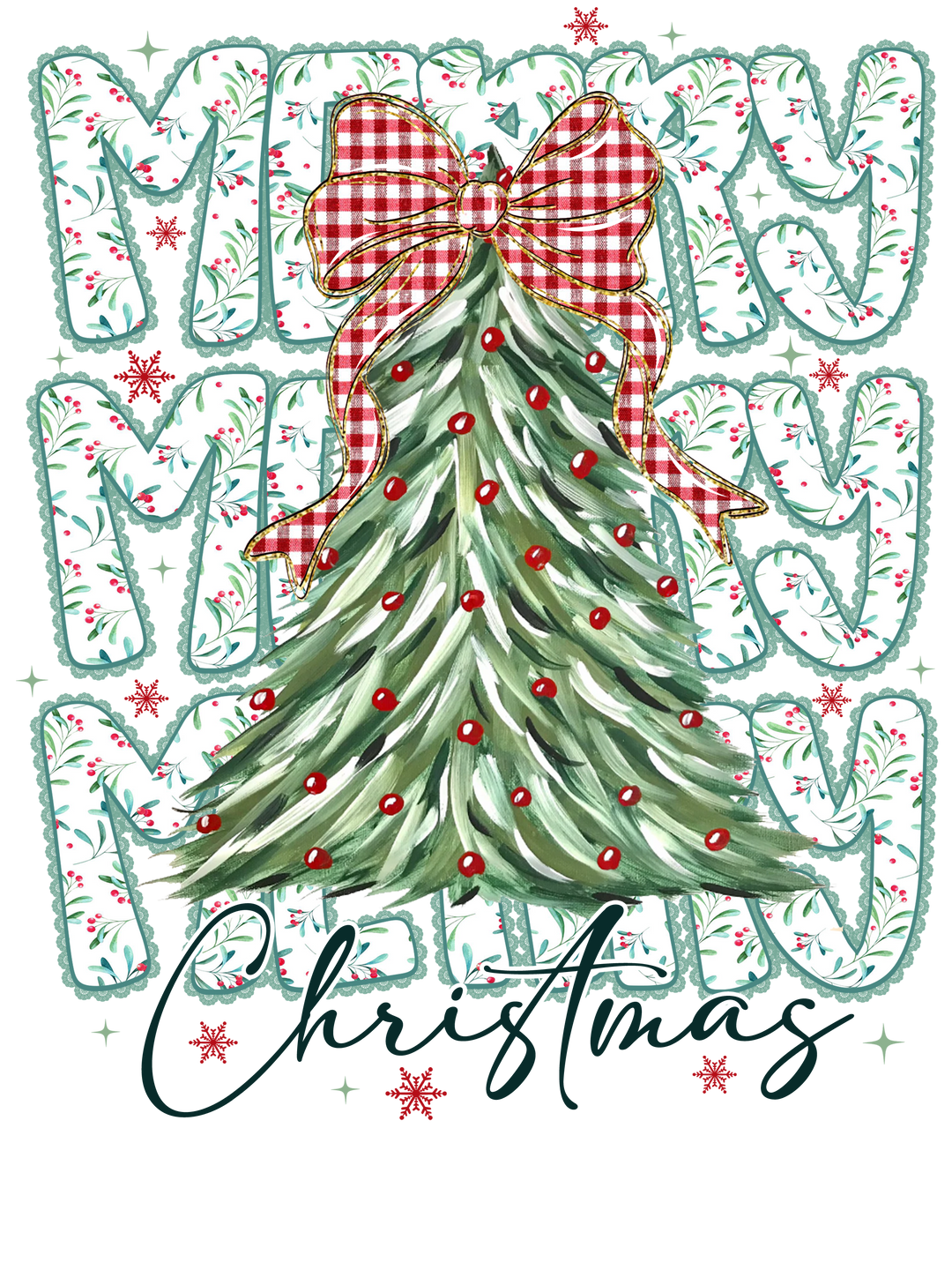 Merry Christmas Hoodie features a festive pine tree with red ornaments, gingham bow, surrounded by MERRY text and snowflakes, perfect for cozy holiday warmth.