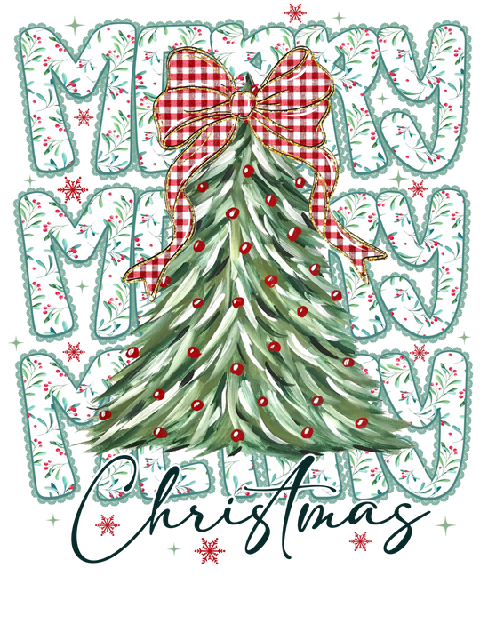 Merry Christmas Hoodie features a festive pine tree with red ornaments, gingham bow, surrounded by MERRY text and snowflakes, perfect for cozy holiday warmth.
