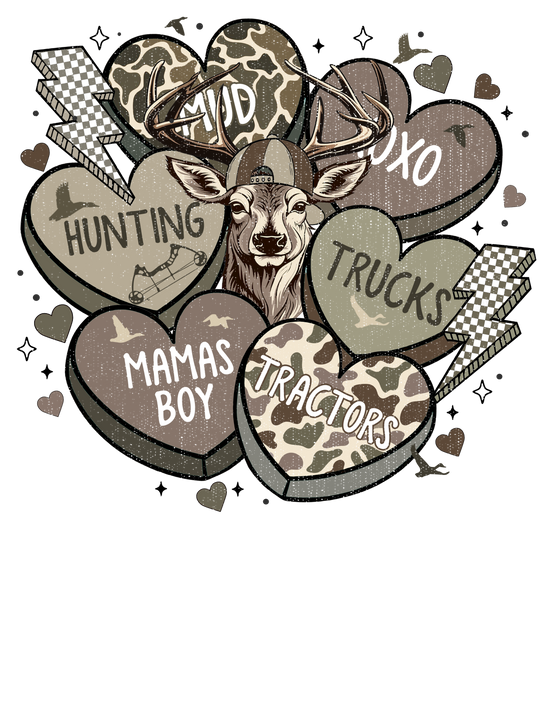 Boy Valentine Kids Tee featuring a deer with antlers and cap, surrounded by themed hearts and outdoor motifs, embodying a country-style, rugged aesthetic.