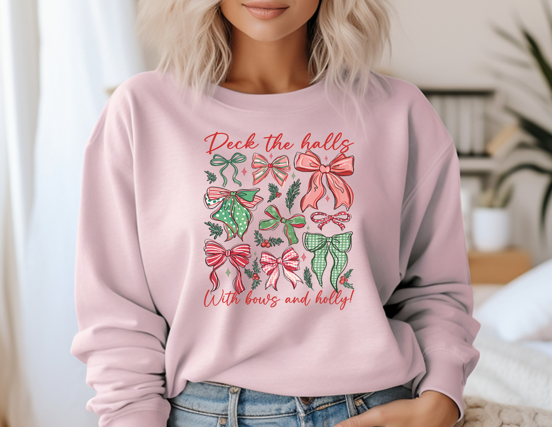 Model wearing the Deck The Halls Crew sweatshirt featuring festive bows and holly design, ideal for cozy comfort with a ribbed crewneck.