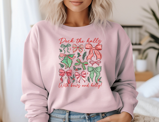 Model wearing the Deck The Halls Crew sweatshirt featuring festive bows and holly design, ideal for cozy comfort with a ribbed crewneck.