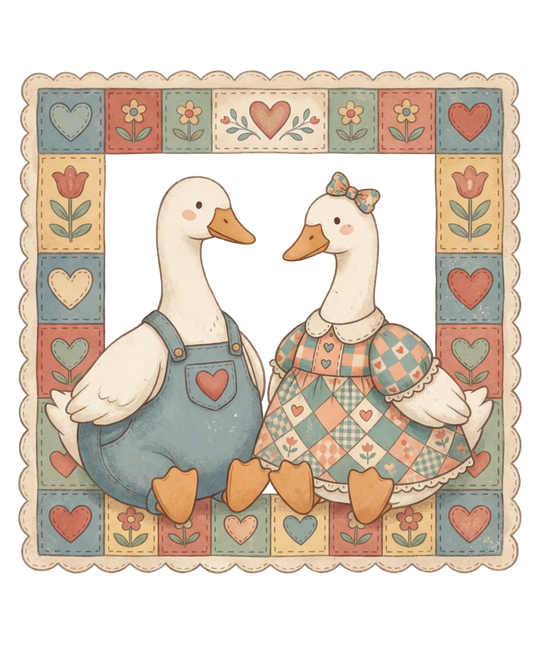 Thrifted Geese Crew sweatshirt features whimsical ducks in patchwork attire, framed in a quilt pattern, offering cozy comfort with its polyester-cotton blend.