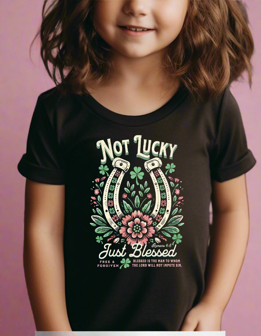 Smiling girl in a Blessed Toddler's Tee featuring a horseshoe and floral graphic, designed for comfort with soft, durable cotton, perfect for young children.