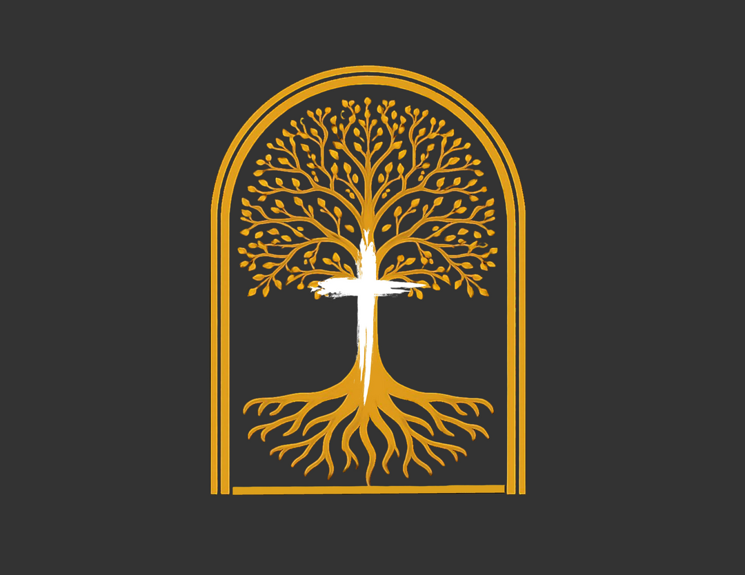 Adam to Noah Tree Long Sleeve T-Shirt featuring a golden tree of life with a white cross overlay, offering a relaxed fit in 100% ring-spun cotton.
