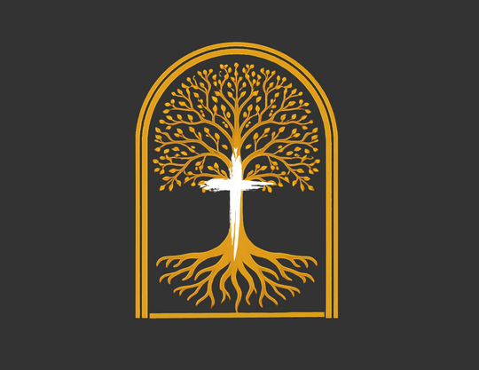Adam to Noah Tree Long Sleeve T-Shirt featuring a golden tree of life with a white cross overlay, offering a relaxed fit in 100% ring-spun cotton.
