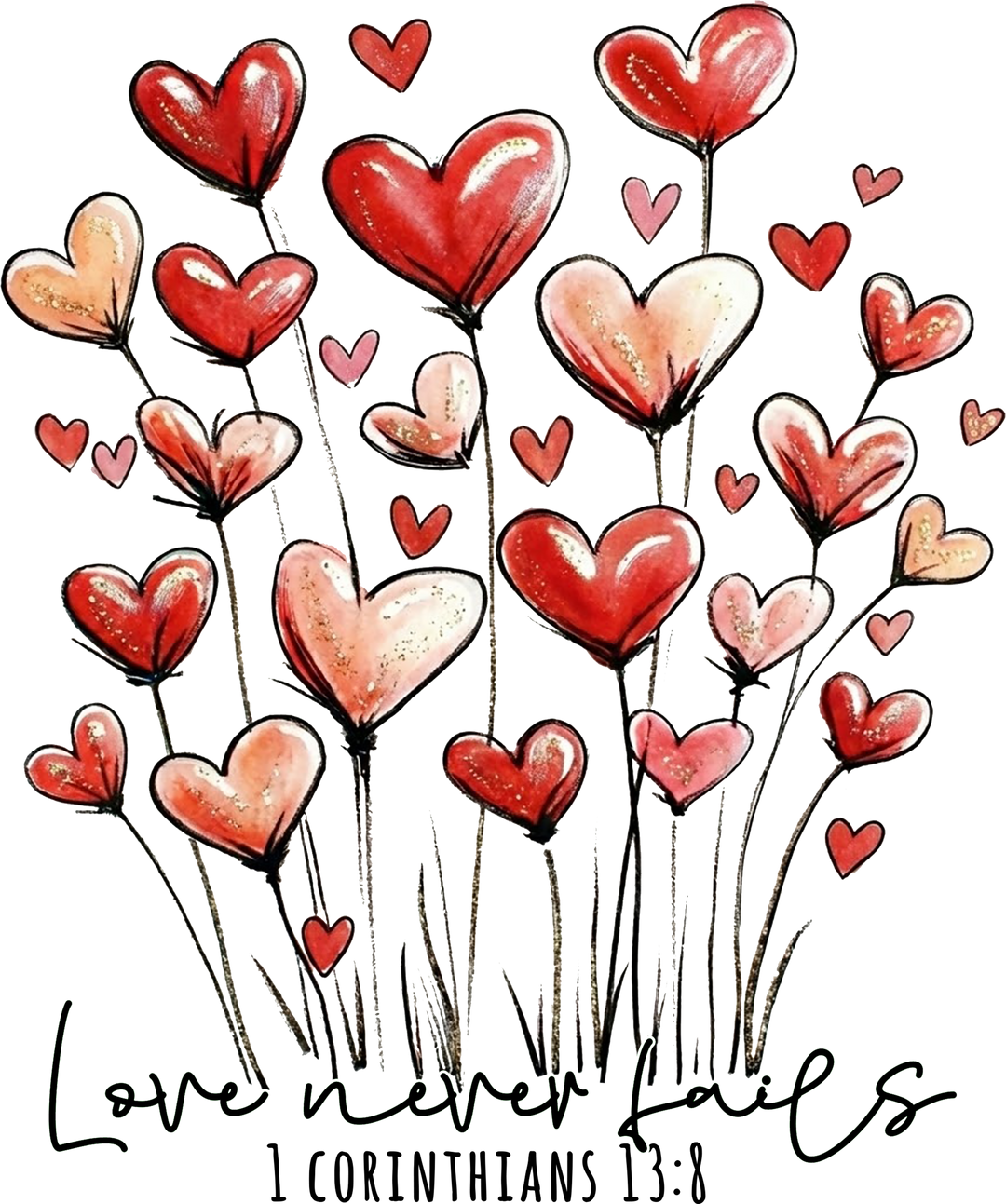 Love Never Fails Kids Tee featuring hand-drawn heart-shaped balloons and cursive script, designed for comfort with 100% combed cotton and classic fit.