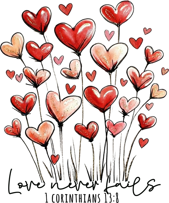 Love Never Fails Kids Tee featuring hand-drawn heart-shaped balloons and cursive script, designed for comfort with 100% combed cotton and classic fit.