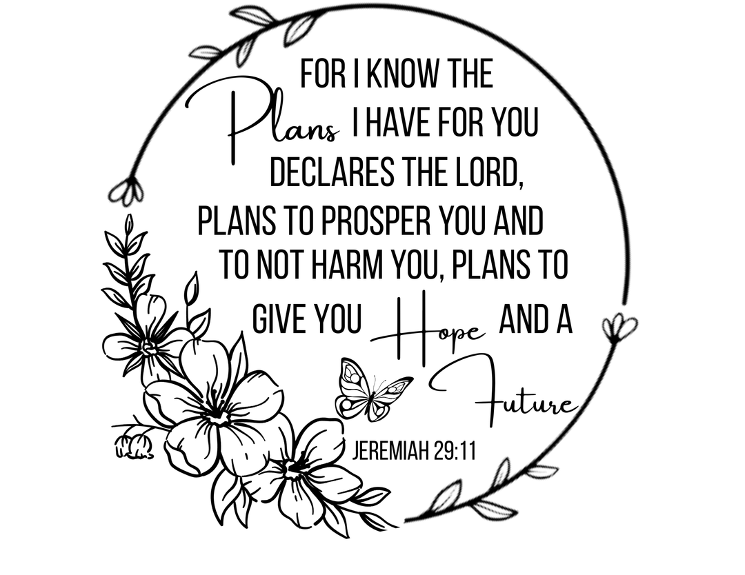 Plans Hope Future Long Sleeve Tee features a black-and-white wreath with Jeremiah 29:11 inside, emphasizing Plans, Hope, and Future in decorative font, embodying faith and comfort.