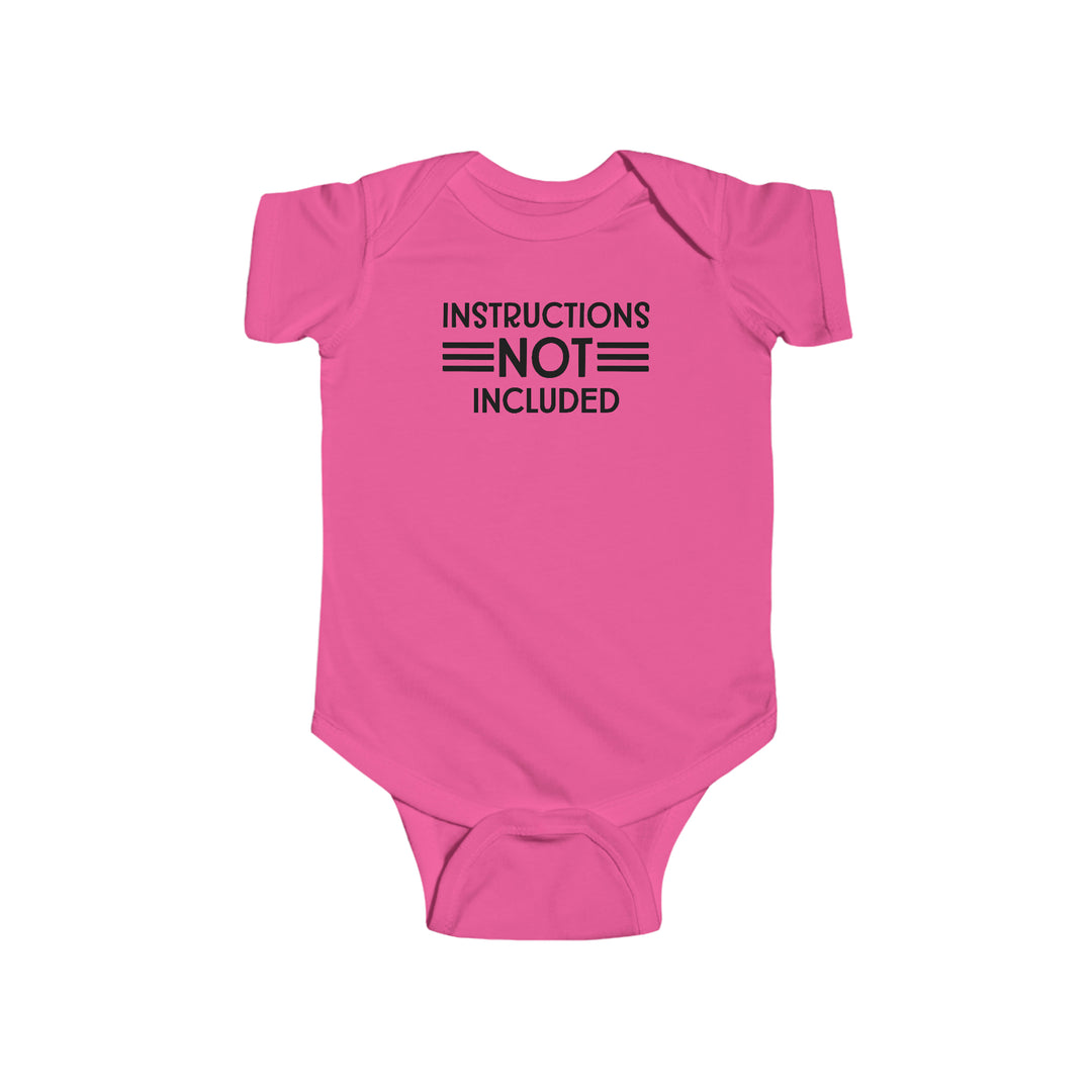 A pink baby bodysuit with black text, featuring durable 100% cotton fabric, ribbed knitting for durability, and plastic snaps for easy changing access. From Worlds Worst Tees, the Instructions Not Included Onesie offers comfort and style for infants.