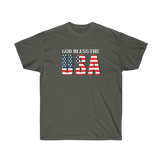 Unisex God Bless The USA Dudes Tee: Classic fit, 100% cotton, tear-away label. Grey shirt with red, white, and blue text, flag details. From Worlds Worst Tees.