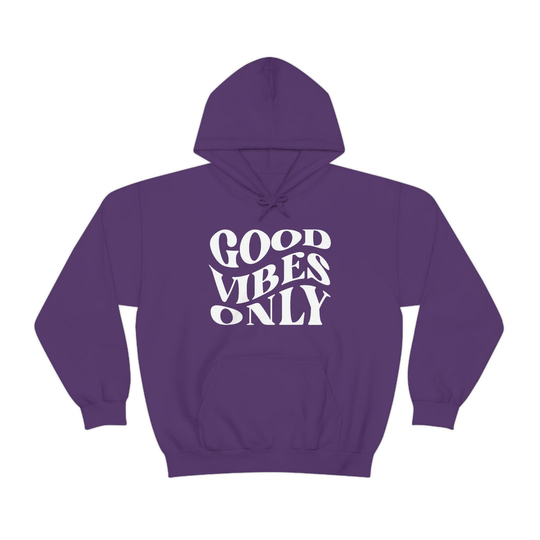A cozy Good Vibes Only Hoodie, featuring white text on a purple background. Unisex, cotton-polyester blend, kangaroo pocket, and drawstring hood. Classic fit, tear-away label, medium-heavy fabric. From Worlds Worst Tees.